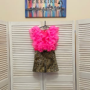 Girls Leopard Neoprene Romper: Hot Pink Organza Ruffles, Custom Pageant Outfit