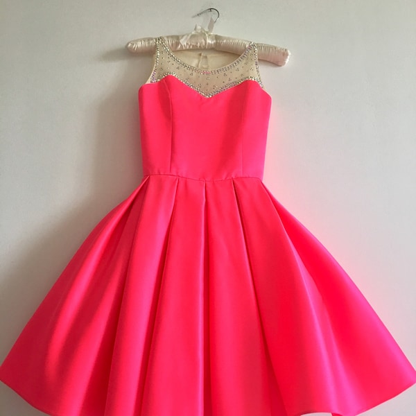 Neon hot pink pageant cocktail dress with AB rhinestones/ Pageant outfit/ Teens cocktail dress/  Custom pageant dresses