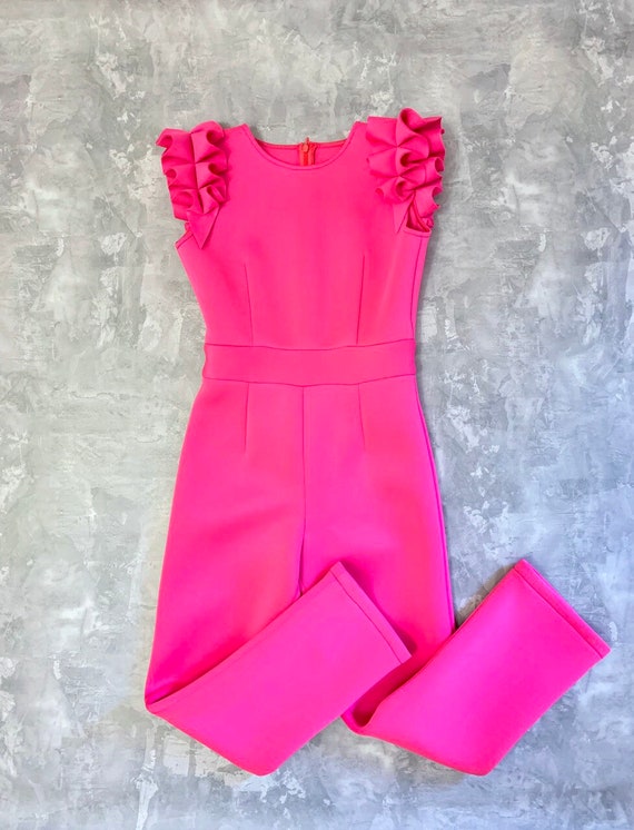 Hot Pink Girls Neoprene Scuba Jumpsuit With Ruffles Sleeves