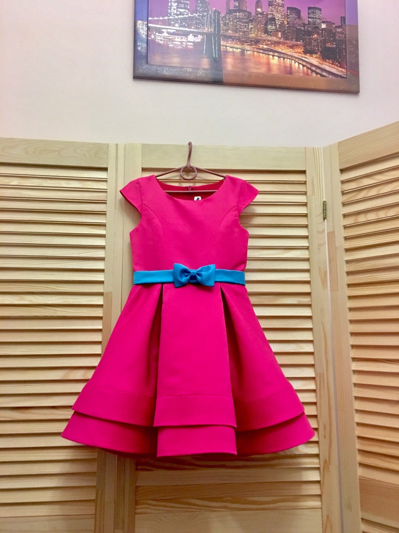 Hot pink pageant interview cocktail dress with blue belt/ Cup sleeves dress/ Girl Interview outfit/ Pageant wear/ Custom pageant dress 