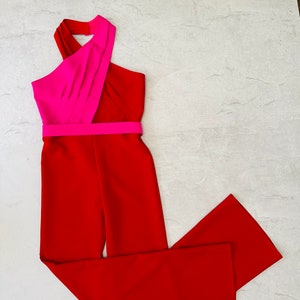 Red and hot pink accent girls jumpsuit / Casual romper/ Girls casual wear/ Interview jumpsuit/ Custom pageant outfit