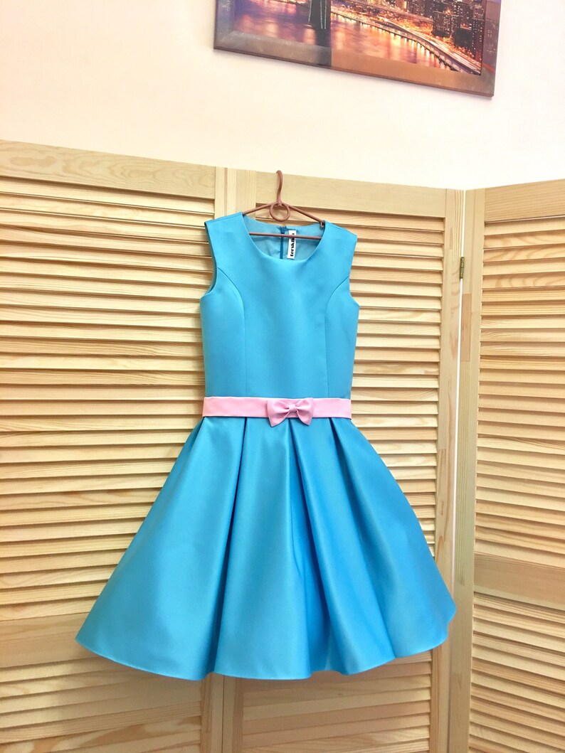 Bright Blue pageant interview cocktail dress with pink belt/ | Etsy