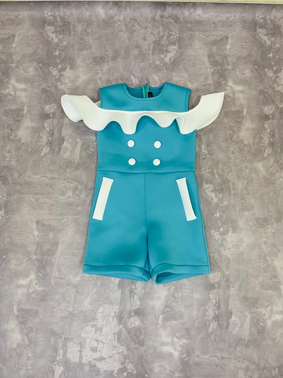 Girls Turquoise Ruffle Romper: Neoprene Casual Outfit