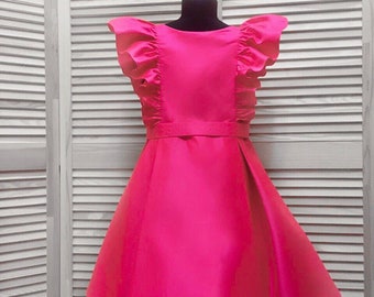 Neon pink pageant cocktail interview dress with ruffles/ Pageant outfit/ Teens cocktail dress/  Custom pageant dresses