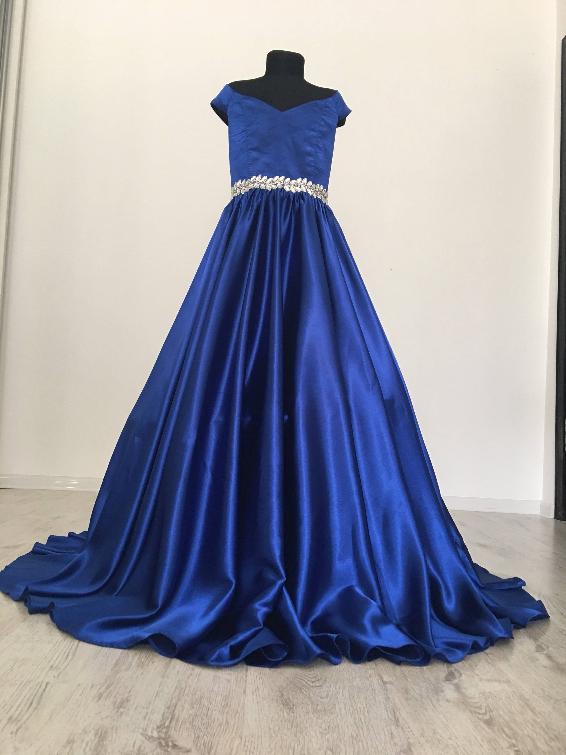 Blue Satin A-line Long Prom Dresses With High Slit SP798 | Simidress