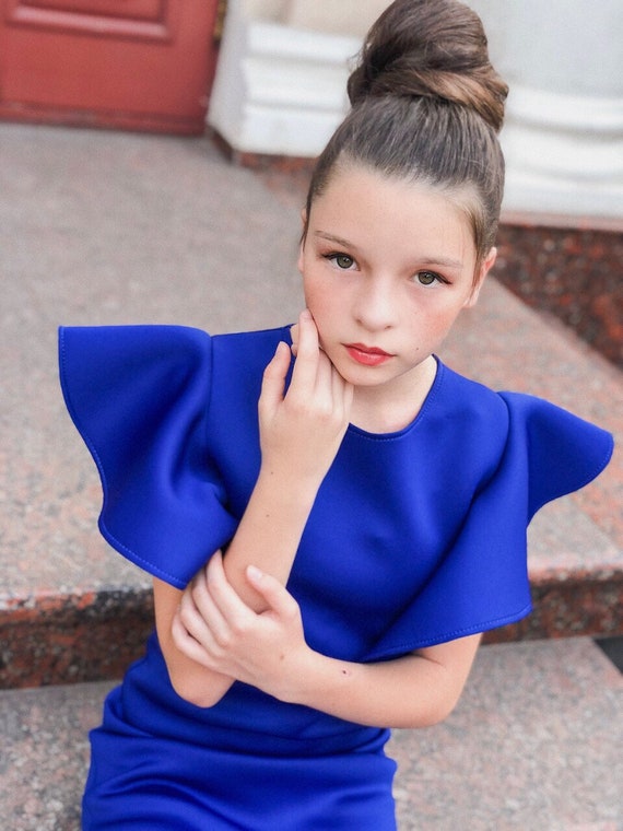 Royal Blue Girl Neoprene Scuba Dress With Ruffle Sleeves