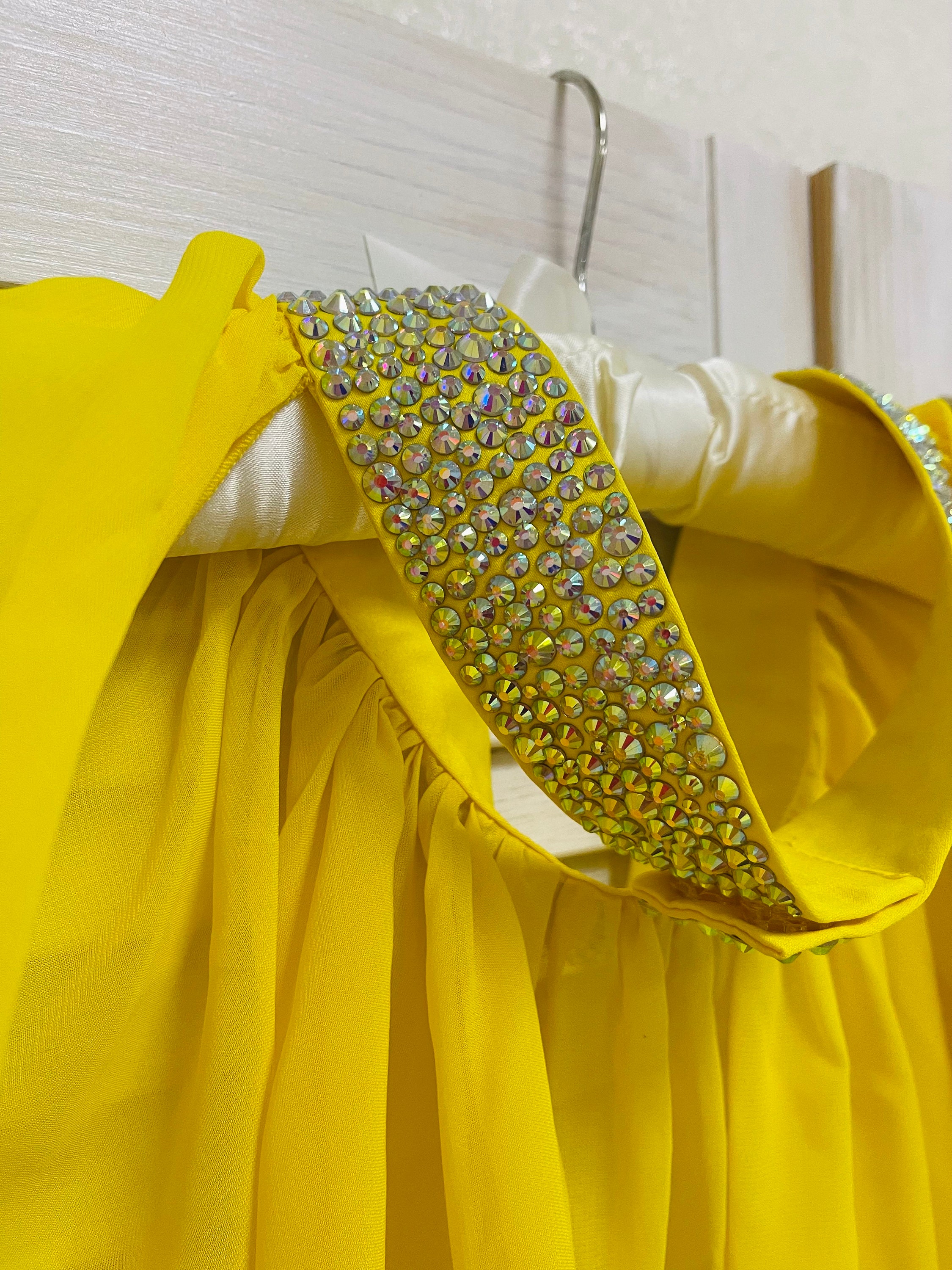 Pageant Yellow Backdraft Yellow Fringe Pageant Outfit: Rhinestone Romper & Chiffon Train - Etsy