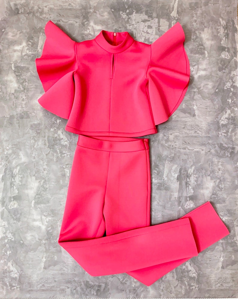 Hot pink pageant neoprene scuba interview suit with pants/ Ruffles top and pants/ Girls Interview outfit/ Pageant wear/ Custom pageant suits 