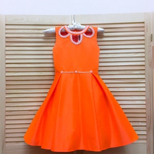 Neon orange pageant interview cocktail dress with beaded neckline/ Knee length dress/ Girl Interview outfit/ Custom pageant dresses