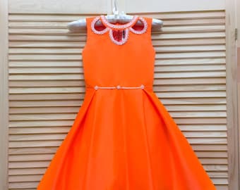 Neon orange pageant interview cocktail dress with beaded neckline/ Knee length dress/ Girl Interview outfit/ Custom pageant dresses