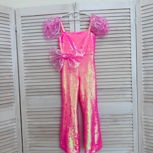 Pink Sequin Girls Jumpsuit: Organza Sleeves, Bow Party Outfit