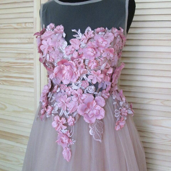 Pale pink tulle dress/ Wedding Prom dress/ Floor length dress/ 3d flowers/ Custom dress