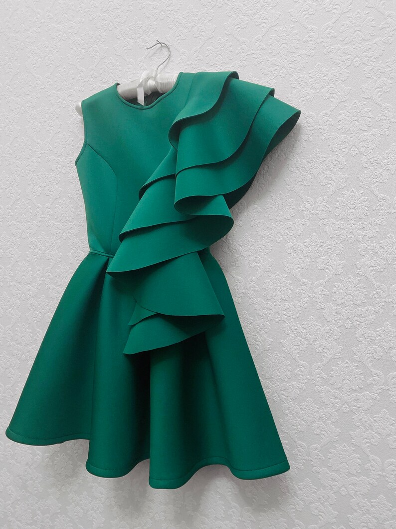 Green girl neoprene scuba dress with ruffles/ Interview Etsy