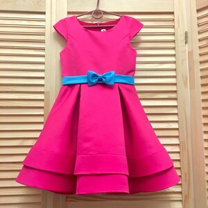 Hot Pink Pageant Interview Cocktail Dress With Blue Belt/ Cup Sleeves ...