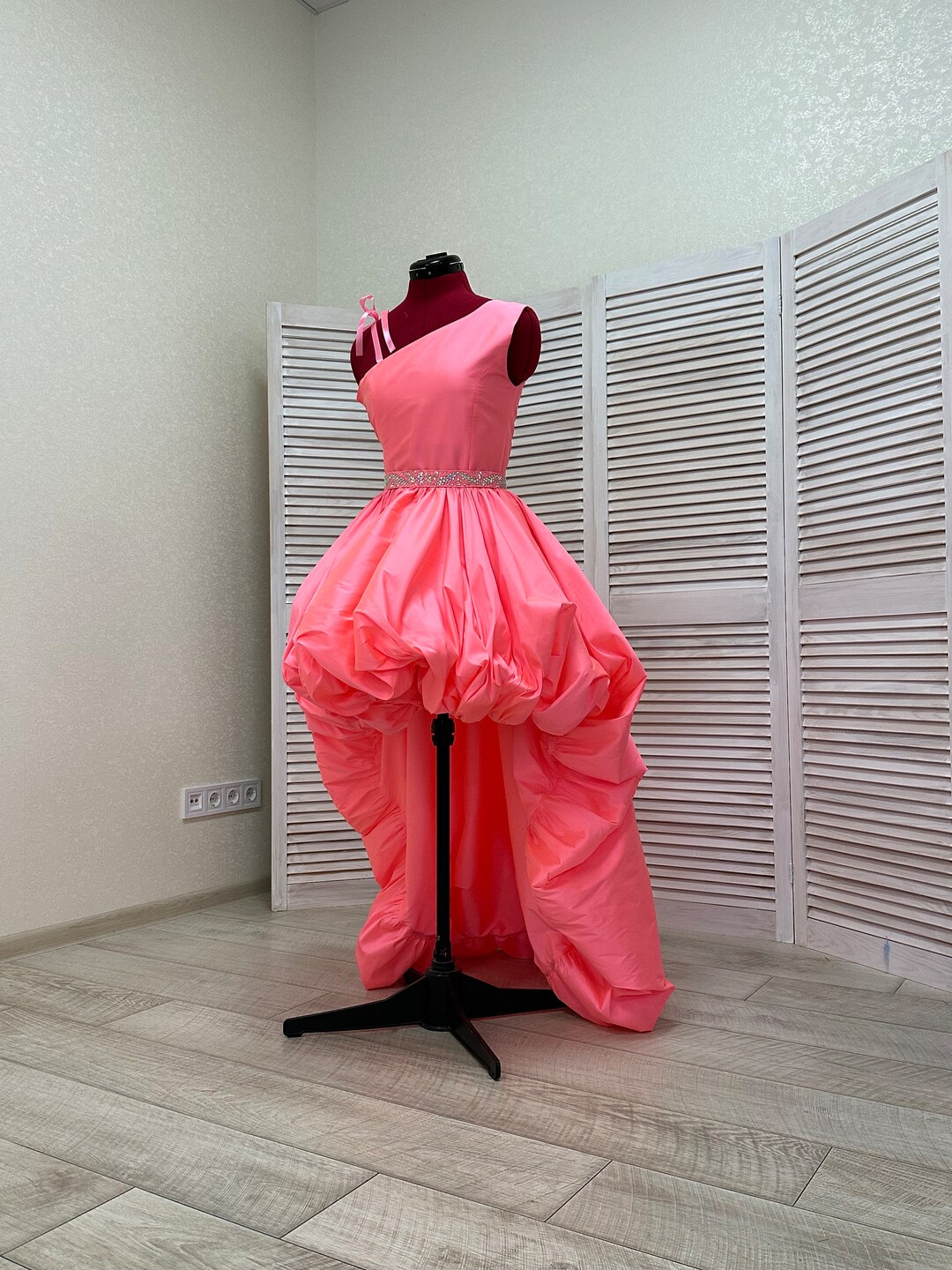 Neon Pink Taffeta High Low One Shoulder Girls Dress/ Fun Fashion Dress ...