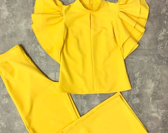 Yellow Ruffle Sleeve Interview Pants Suit: Custom Pageant Outfit