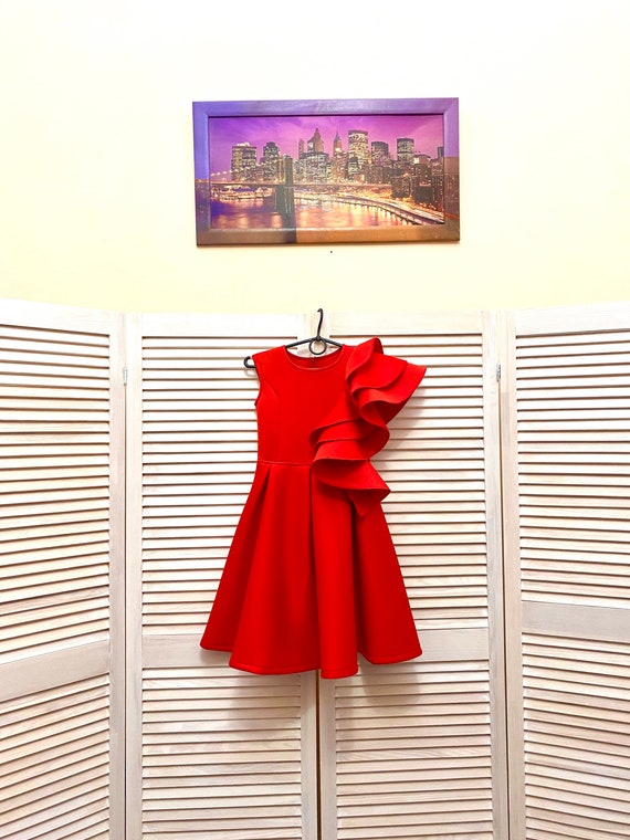 Red Girl Neoprene Scuba Dress With Ruffles Interview Pageant