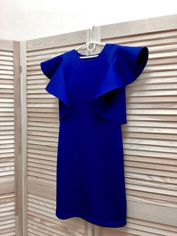 Royal Blue Girl Neoprene Scuba Dress With Ruffle Sleeves