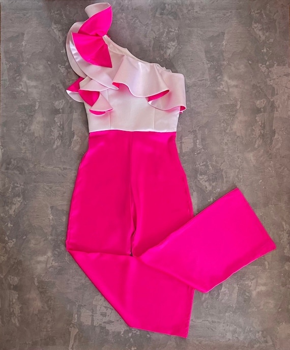 Hot Pink and White Girl Jumpsuit With Ruffle/ Appearance Jumpsuit