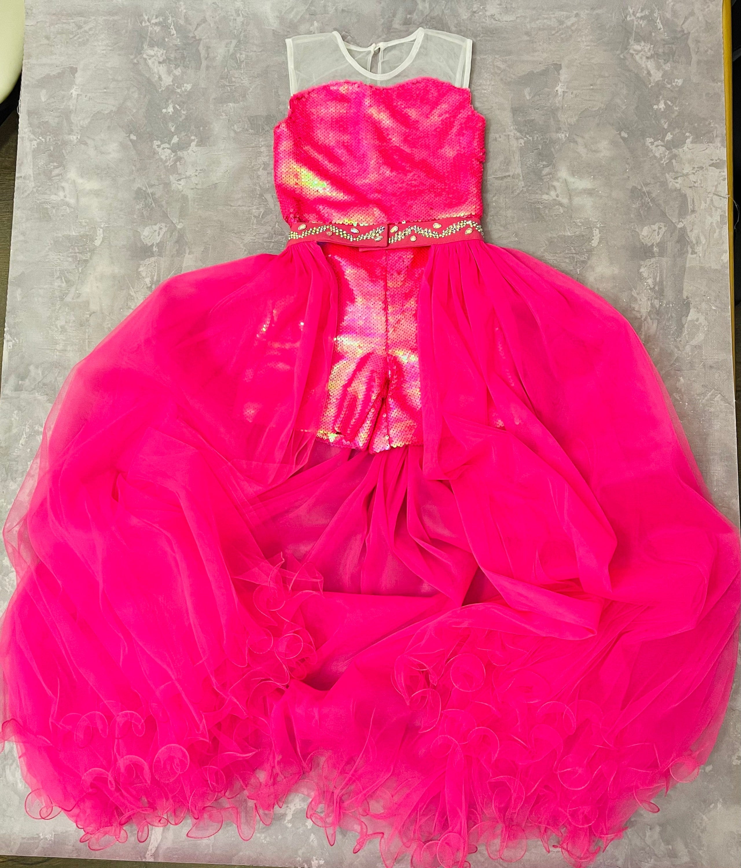Hot pink sequins pageant fun fashion outfit with train and romper/ Girls teens outfit/ Runway romper with overskirt/  Custom pageant dresses