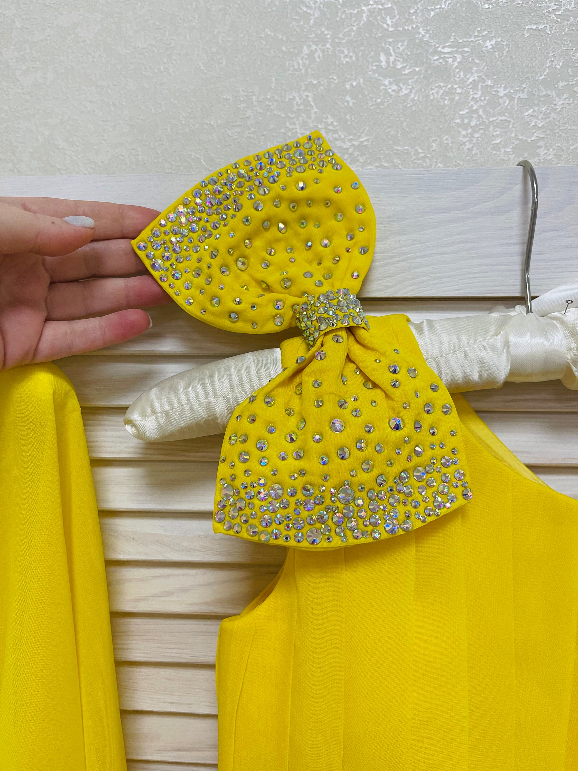 Pageant Yellow Backdraft Yellow Fringe Pageant Outfit: Rhinestone Romper & Chiffon Train - Etsy
