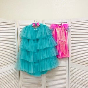 Hot pink and mint fun fashion outfit with sequins romper and tulle train/ Girls teens pageant outfit/ Runway outfit/ Custom pageant dresses