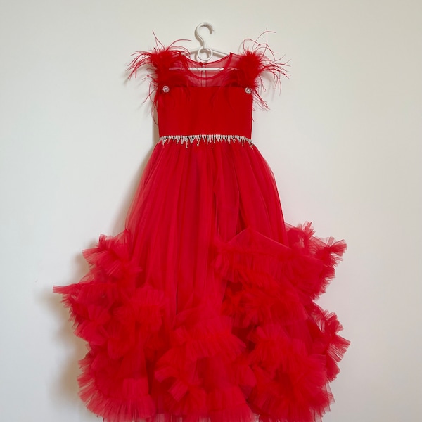 Red tulle fluffy girl dress with crystals belt/ Flower girl dress/ Toddler dress/ Baby pageant dress/Custom girl dress