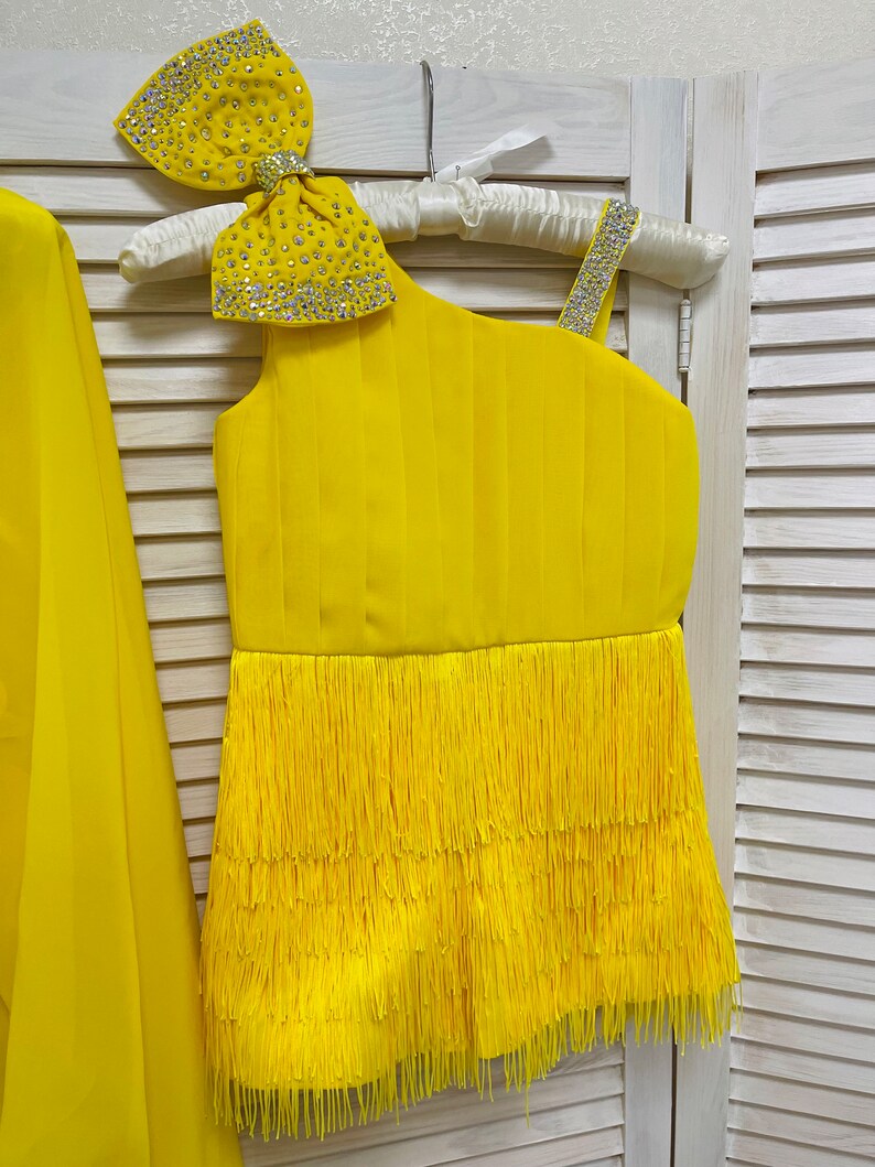 Pageant Yellow Backdraft Yellow Fringe Pageant Outfit: Rhinestone Romper & Chiffon Train - Etsy
