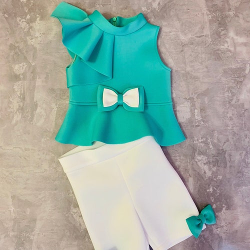 Mint Turquoise and White Girls Suit With Top and Shorts/ - Etsy