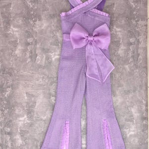 Girls' Lilac Purple Tweed Jumpsuit: Organza Ruffles and Bow, Pageant Interview Outfit