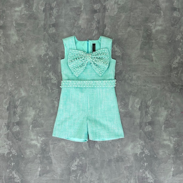 Mint and white tweed girls pageant romper with beaded bow and belt/ Girls casual outfit/ Pageant casual wear/ Custom pageant outfit