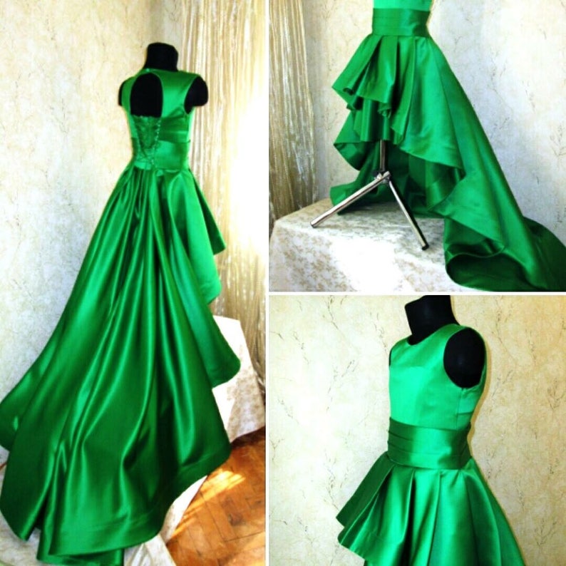 Grass green pageant high low dress with train /Fun fashion | Etsy