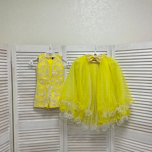 Yellow Glitter Pageant Outfit: Runway Romper with Tulle Train