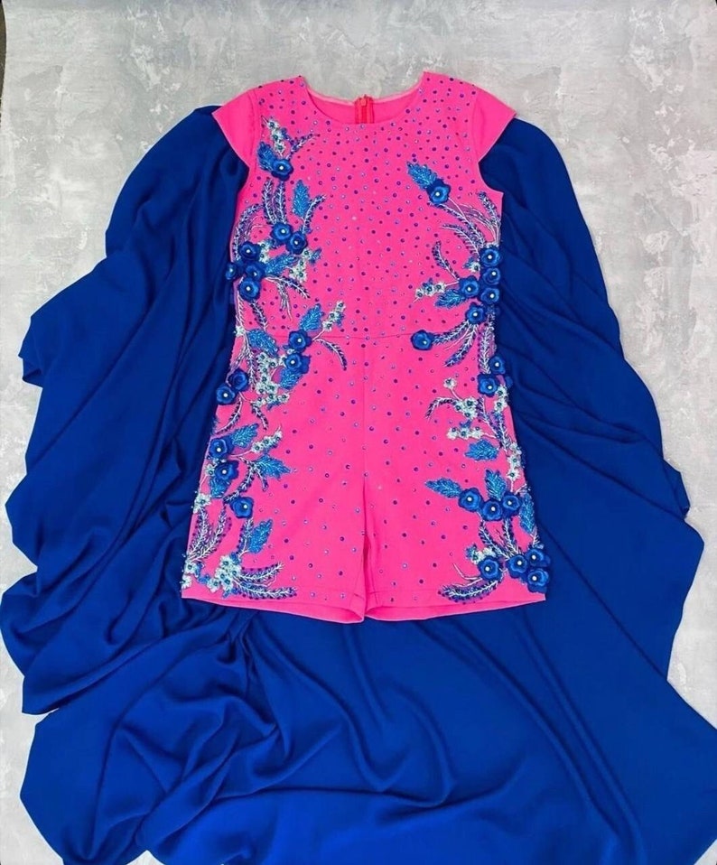 Hot pink royal blue pageant fun fashion outfit with cape and romper/ Girls teens pageant outfit/ Runway jumpsuit/  Custom pageant dresses 