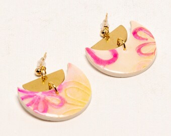 Floral Embossed Hand Inked Pastel Pink & Yellow Flowers Half Moon Clay Dangle Earrings w/ Brass Accents, One of a Kind Statement Earrings