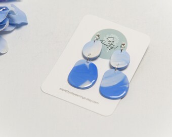 Blue Multi-tone Marble Organic Double Ovals Clay Dangle Earrings, Handmade Clay Earrings, High-Quality 3mm Silver tone Brass Ball Post Studs