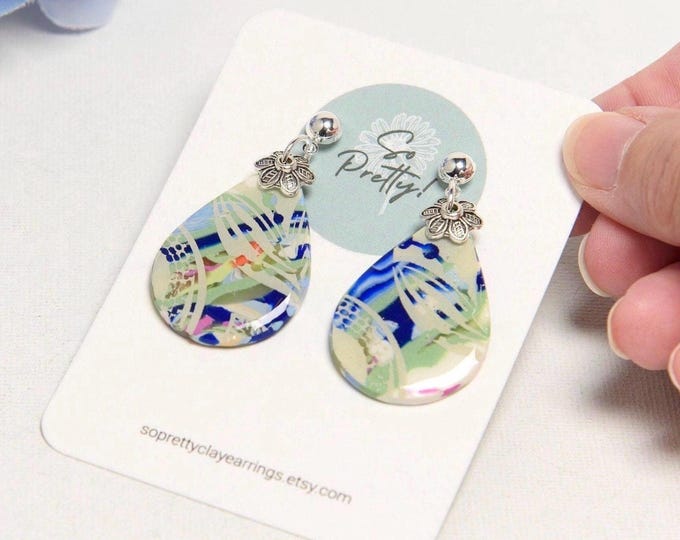 Featured listing image: Boho Teardrop Dangle Earrings: Batik Leaf Silkscreen, Flower Charms