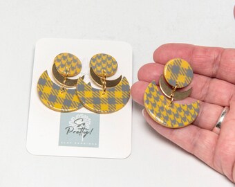 Gold & Gray Plaid Earrings, Half Moon Gingham and Herringbone Plaid Clay Earrings w/ Brass Accents, Gold Gray Plaids, Women's Jewelry, Gifts