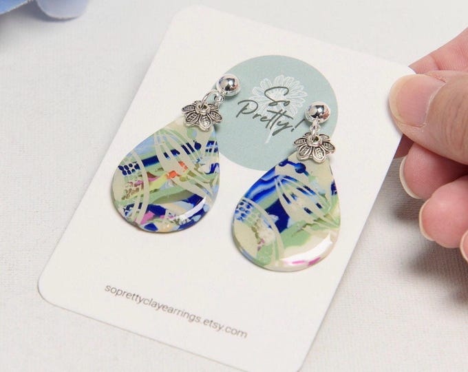 Featured listing image: Boho Blue, White & Green Patterned Batik Parchment Leaf Silkscreen Teardrop Dangle Earrings with Flower Charms, Silver Tone Half Ball Posts