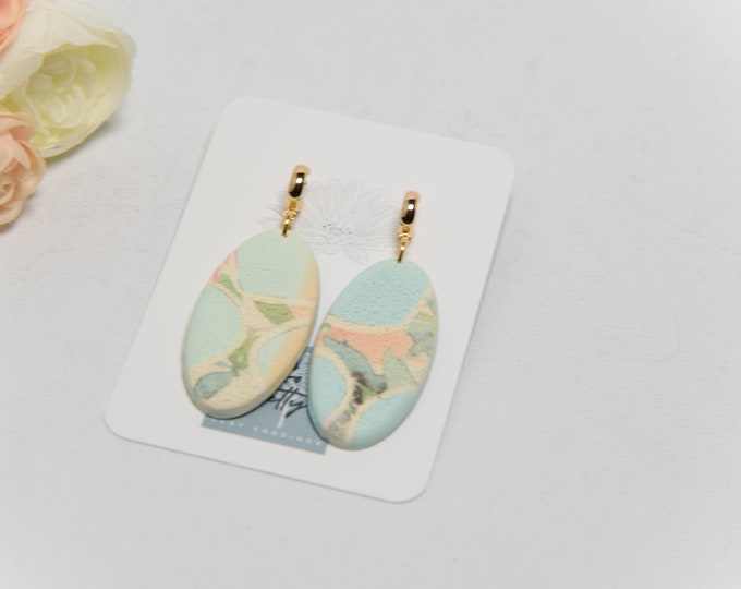 Featured listing image: Handmade Clay Hawaiian Pastel Floral Oval Dangles. One of a Kind Statement Earrings High Quality 18K Gold-plated Small Hoop Post Studs