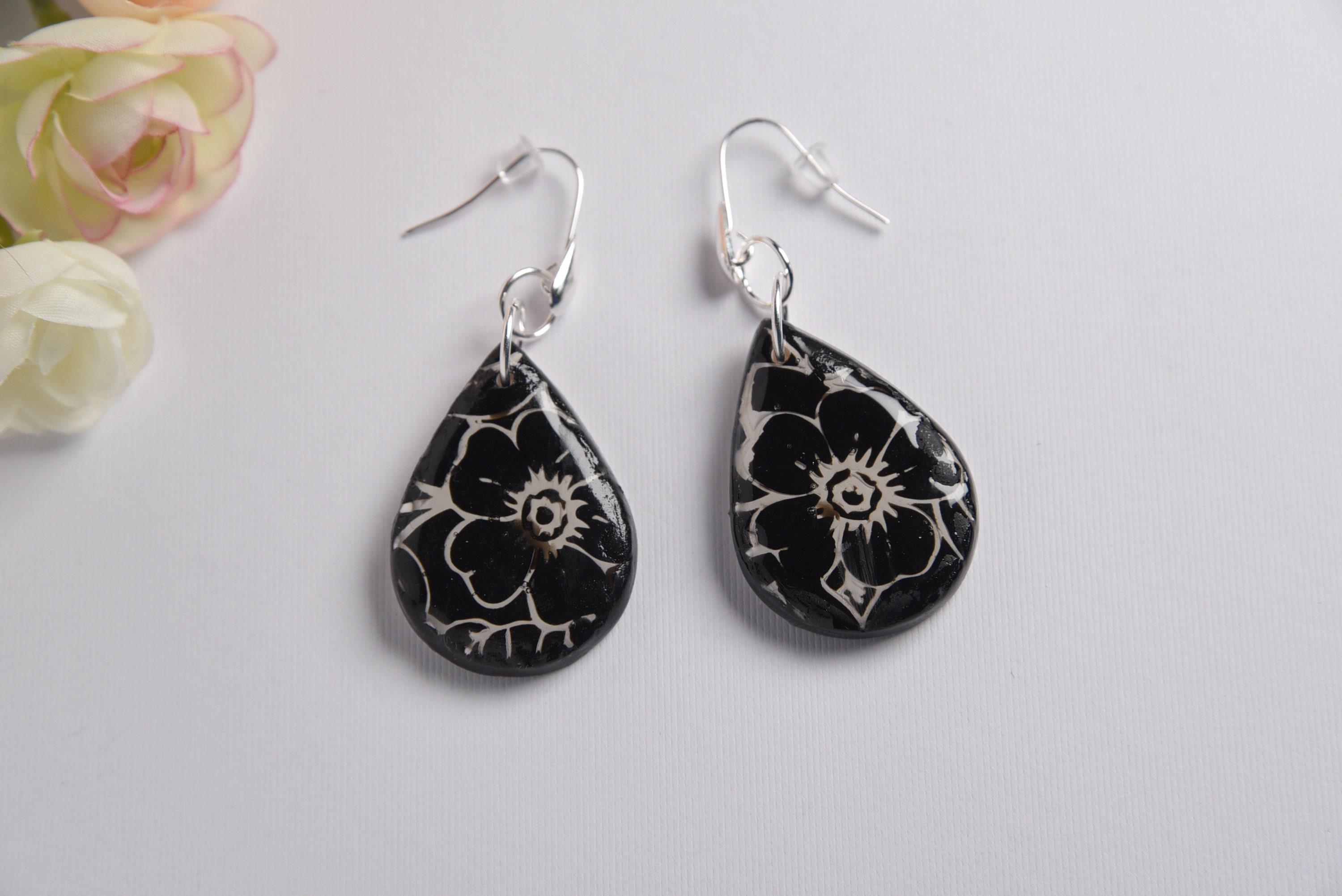 Polymer Clay Earrings Black /& White Floral Collection Hypoallergenic