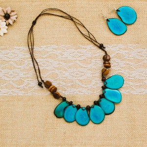 Tagua Nut Statement Necklace and Earrings -  Fair Trade Tagua Jewelry - Blue Handmade Tagua Jewelry Set - Adjustable Necklace - Gift for Her