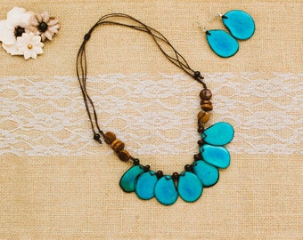 Tagua Nut Statement Necklace and Earrings -  Fair Trade Tagua Jewelry - Blue Handmade Tagua Jewelry Set - Adjustable Necklace - Gift for Her