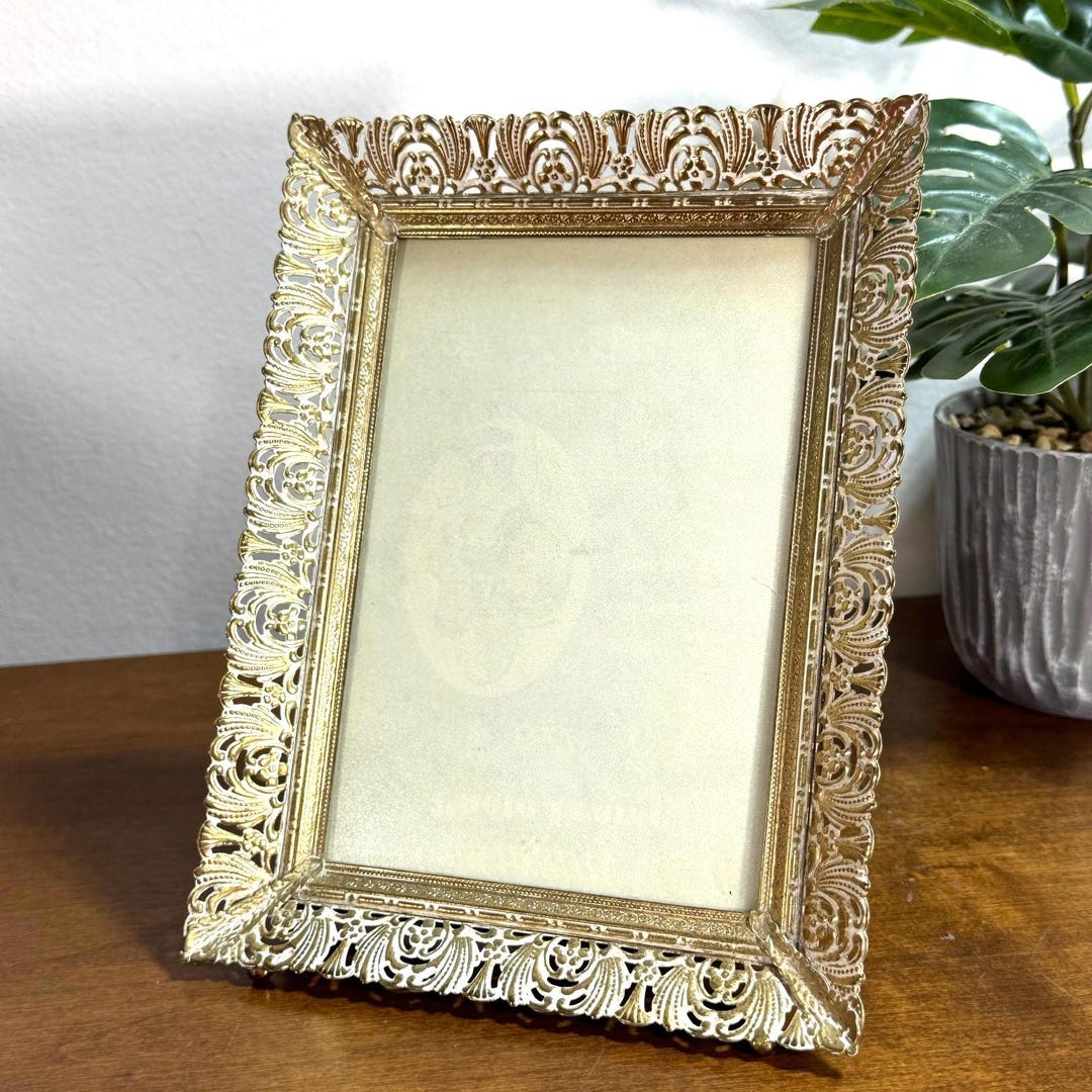 Vintage Gold Filigree Picture Frame Ornate Brass White Metal 5x7 Inch ...