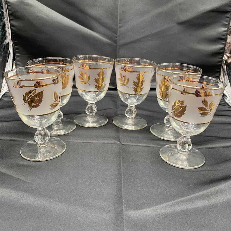Vintage Frosted Libbey Gold Leaf Glasses Cordial Footed Mid Century Set of 6 Etsy