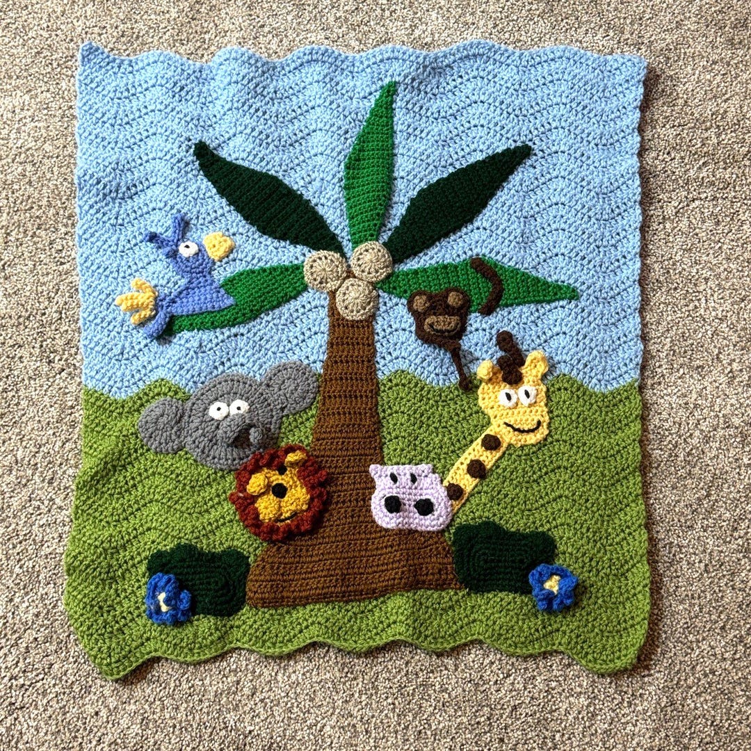 Jungle Theme Crochet Baby Blanket With Animals 25x29 Nursery Wall ...