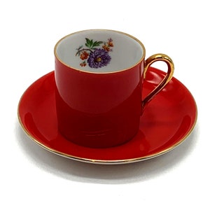 Victoria Tea Cup and Saucer Fine Bone China Red Gold Trim Flower Print