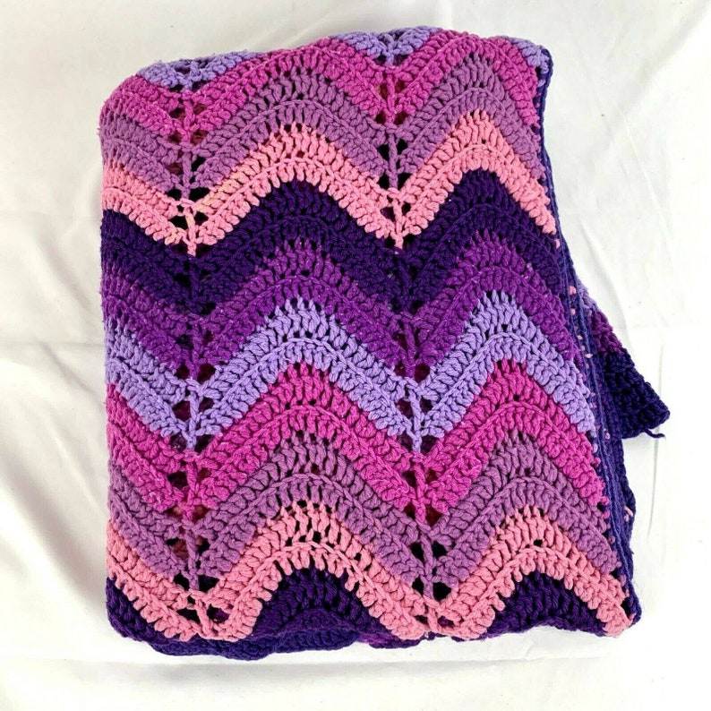 Vintage Handmade Afghan Throw Blanket Crocheted Purple Ombre Chevron Zig Zag