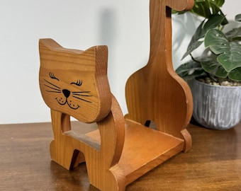 Vintage Wooden Cat Book Holder Expandable Collapsible Bookends Book Stand Decor
