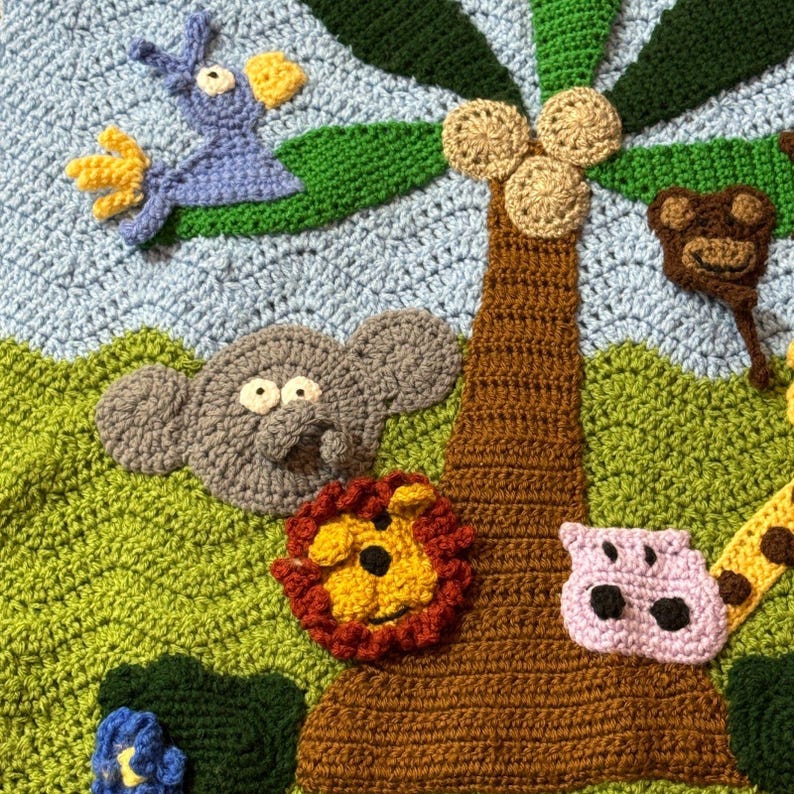 Jungle Theme Crochet Baby Blanket With Animals 25x29 Nursery Wall ...